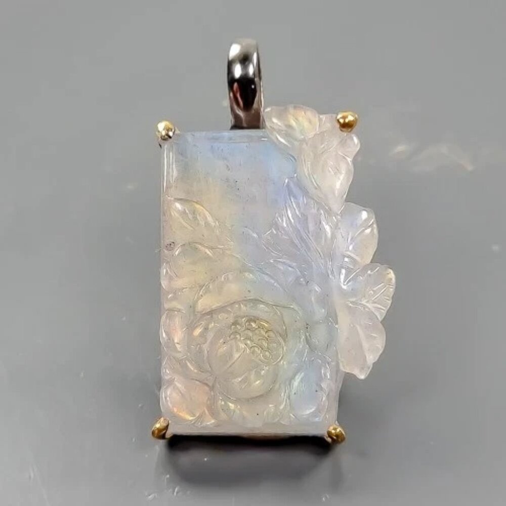 Necklace Hand Carved 32 ct+ Natural Labradorite Pendant 925